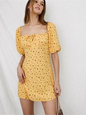 Reformation Sette Yellow Puff Sleeve Floral Mini Dress Size 4 Cottagecore Summer